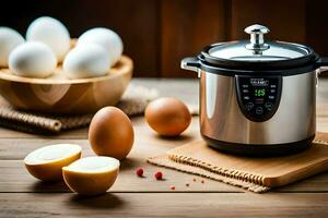 een elektrisch druk kookplaat met eieren en andere ingrediënten. ai-gegenereerd foto