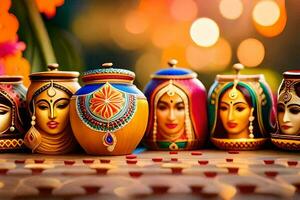 een groep van kleurrijk potten met Indisch gezichten Aan hen. ai-gegenereerd foto