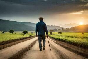 een Mens wandelen naar beneden een aarde weg met een riet. ai-gegenereerd foto