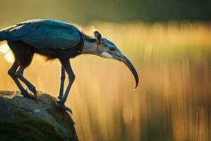 een vogel met lang poten staand Aan een steen. ai-gegenereerd foto