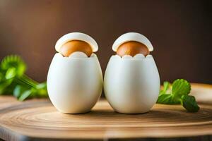 twee eieren in wit schelpen Aan een houten tafel. ai-gegenereerd foto