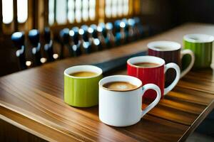 een rij van koffie cups Aan een houten tafel. ai-gegenereerd foto