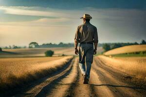 een Mens in een hoed wandelingen naar beneden een aarde weg. ai-gegenereerd foto