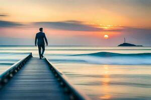 een Mens wandelen Aan een pier Bij zonsondergang. ai-gegenereerd foto