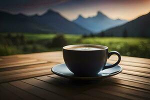 koffie kop Aan de tafel met bergen in de achtergrond. ai-gegenereerd foto