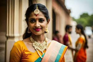 een vrouw in een oranje sari met goud sieraden. ai-gegenereerd foto
