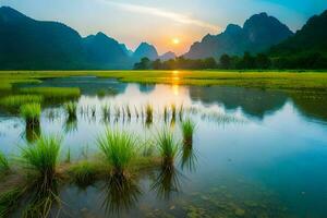 de zon stijgt over- de li rivier- in yangshuo, China. ai-gegenereerd foto