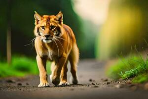 een groot bruin kat wandelen Aan een weg. ai-gegenereerd foto