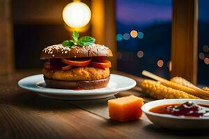 een hamburger met groenten en saus Aan een bord. ai-gegenereerd foto