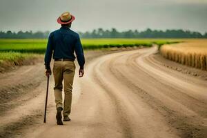 een Mens wandelen naar beneden een aarde weg met een riet. ai-gegenereerd foto