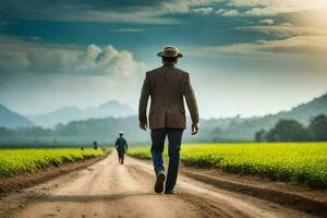 Mens wandelen Aan aarde weg in landelijk Oppervlakte met twee mensen wandelen achter hem. ai-gegenereerd foto