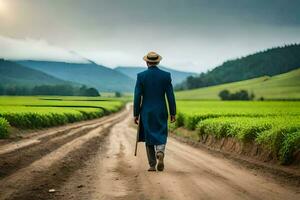 een Mens in een blauw pak wandelingen naar beneden een aarde weg. ai-gegenereerd foto