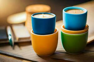 drie kleurrijk cups met kaarsen Aan een houten tafel. ai-gegenereerd foto