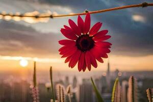 een rood bloem is hangende van een draad met een stad in de achtergrond. ai-gegenereerd foto