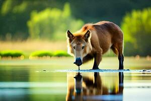 een bruin hond drinken water van een meer. ai-gegenereerd foto