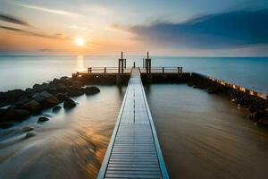 een lang blootstelling foto van een pier in de oceaan. ai-gegenereerd