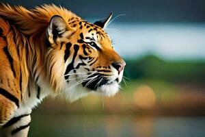 een tijger is staand in voorkant van een lichaam van water. ai-gegenereerd foto