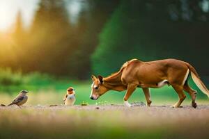 een koe en een vogel zijn staand in de midden- van een veld. ai-gegenereerd foto