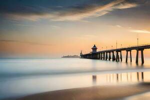 een lang blootstelling fotograaf van een pier Bij zonsondergang. ai-gegenereerd foto