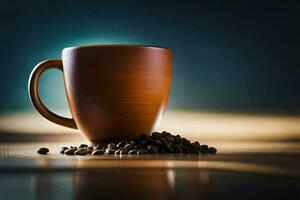 koffie bonen Aan een houten tafel. ai-gegenereerd foto