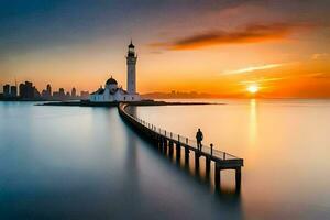 een Mens staat Aan een pier op zoek Bij een vuurtoren Bij zonsondergang. ai-gegenereerd foto