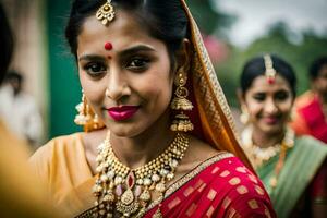 een vrouw in traditioneel Indisch kleding. ai-gegenereerd foto