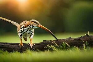 een vogel met lang bek en lang staart staand Aan een Afdeling. ai-gegenereerd foto