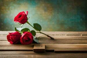 rozen Aan een houten tafel met een houten bord. ai-gegenereerd foto
