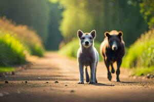 twee honden wandelen naar beneden een aarde weg. ai-gegenereerd foto