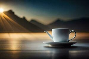 een kop van thee Aan een tafel in voorkant van een berg. ai-gegenereerd foto
