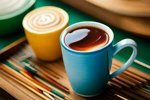 een kop van koffie met een lepel Aan een tafel. ai-gegenereerd foto