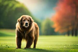 een gouden retriever is staand in de gras. ai-gegenereerd foto