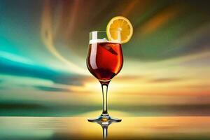 cocktail in een glas met oranje plak Aan de tafel. ai-gegenereerd foto