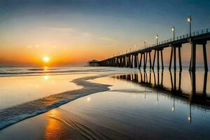 de zon sets over- een pier en golven Aan de strand. ai-gegenereerd foto