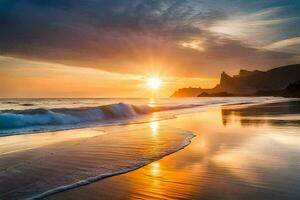 de zon stijgt over- de oceaan en golven Aan een strand. ai-gegenereerd foto