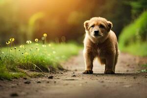 een puppy is wandelen naar beneden een aarde weg. ai-gegenereerd foto