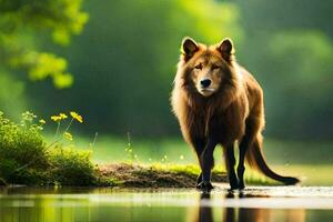 een bruin wolf wandelen langs een rivier. ai-gegenereerd foto