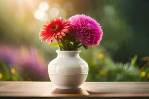 een vaas met roze bloemen Aan een tafel. ai-gegenereerd foto