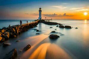 foto behang de lucht, water, rotsen, vuurtoren, de zee, de zon, de zee. ai-gegenereerd