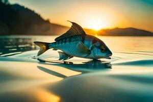 een vis is zwemmen in de water Bij zonsondergang. ai-gegenereerd foto