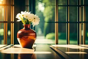 een vaas met wit bloemen zittend Aan een tafel in voorkant van een venster. ai-gegenereerd foto