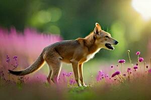 een hond is staand in een veld- van Purper bloemen. ai-gegenereerd foto