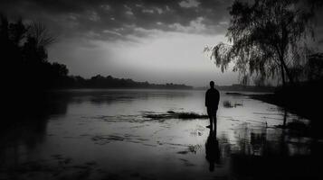 silhouet van eenzaam mannen vol van droefheid, en depressie Aan een rivieroever. ai gegenereerd foto