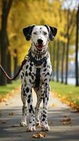 dalmatiër met een uniek en creatief gevlekte besnoeiing buitenshuis foto