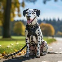 dalmatiër met een uniek en creatief gevlekte besnoeiing buitenshuis foto