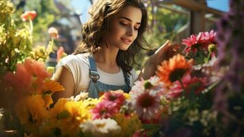 een blij tuinman neigen naar haar bloemen in haar tuinieren handschoenen en schort foto