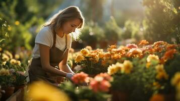 een blij tuinman neigen naar haar bloemen in haar tuinieren handschoenen en schort foto