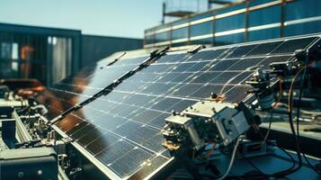 een modern en ecologisch manier naar genereren elektriciteit zonne- panelen Aan een op het dak ai gegenereerd foto