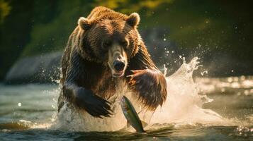 dieren in het wild fotografie van een kamchatka bruin beer vangen een Zalm in midden lucht ai gegenereerd foto