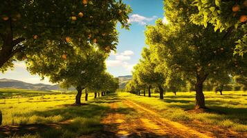 rustig boomgaard landschap een realistisch digitaal illustratie van Peer bomen en velden ai gegenereerd foto